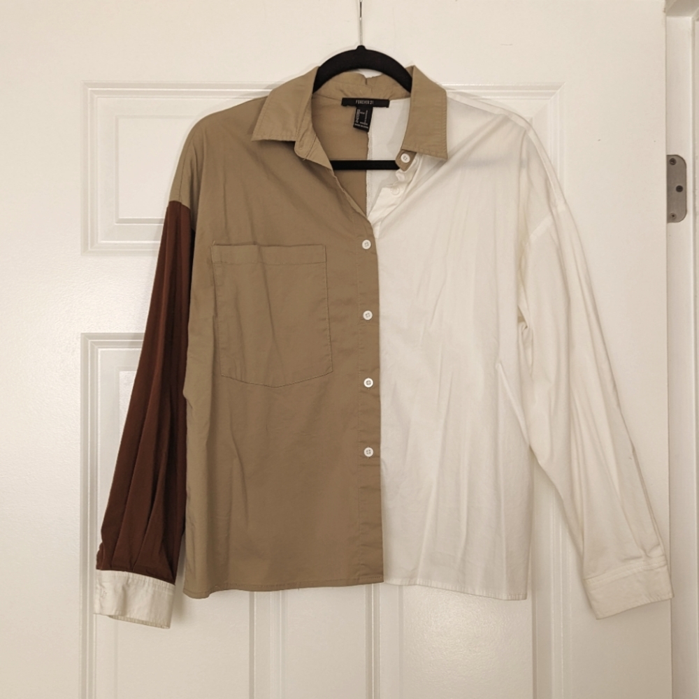 Neutral color block button down